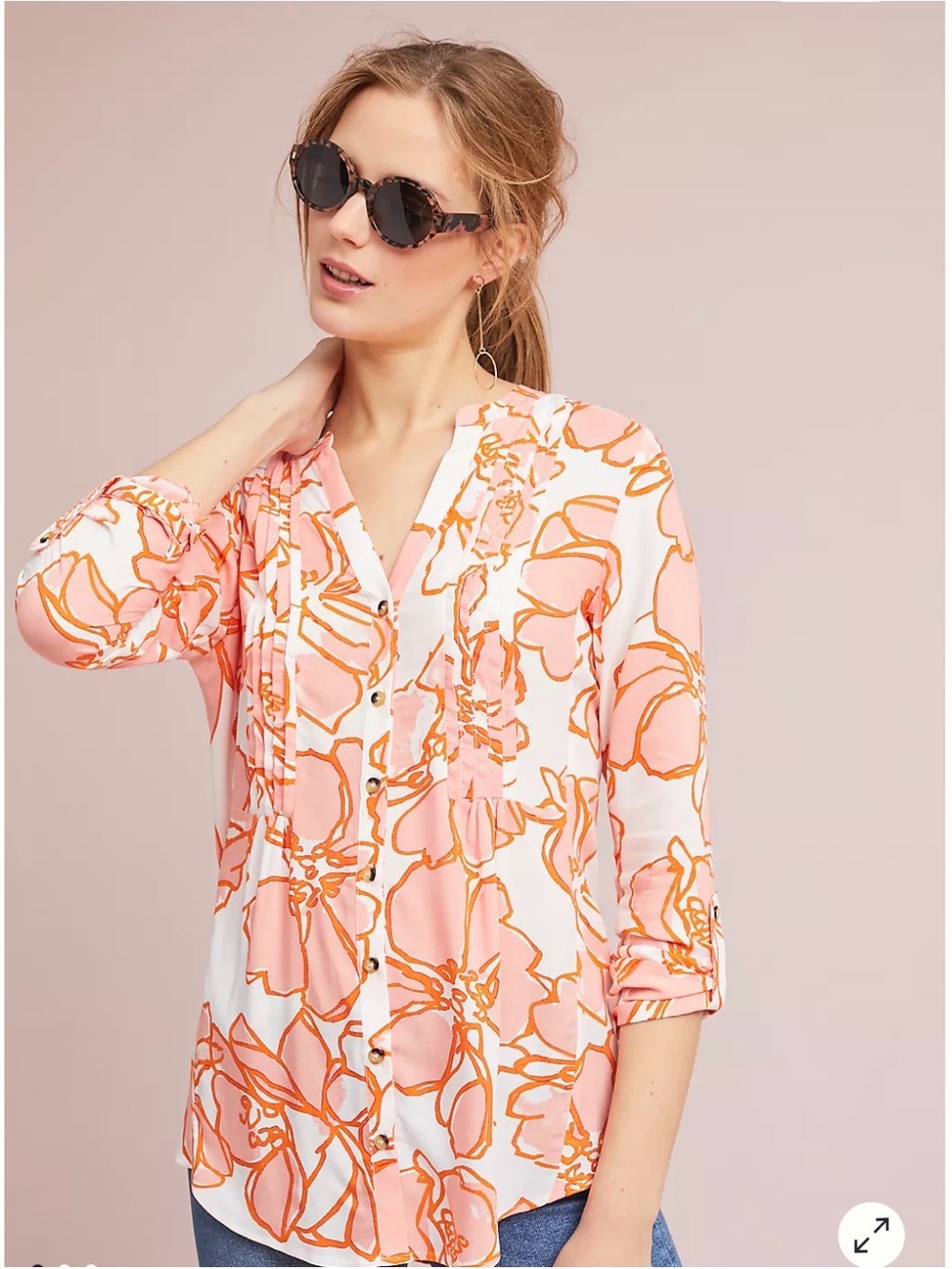 Anthropologie Maeve Pink & Orange Floral Button-Front Blouse Small